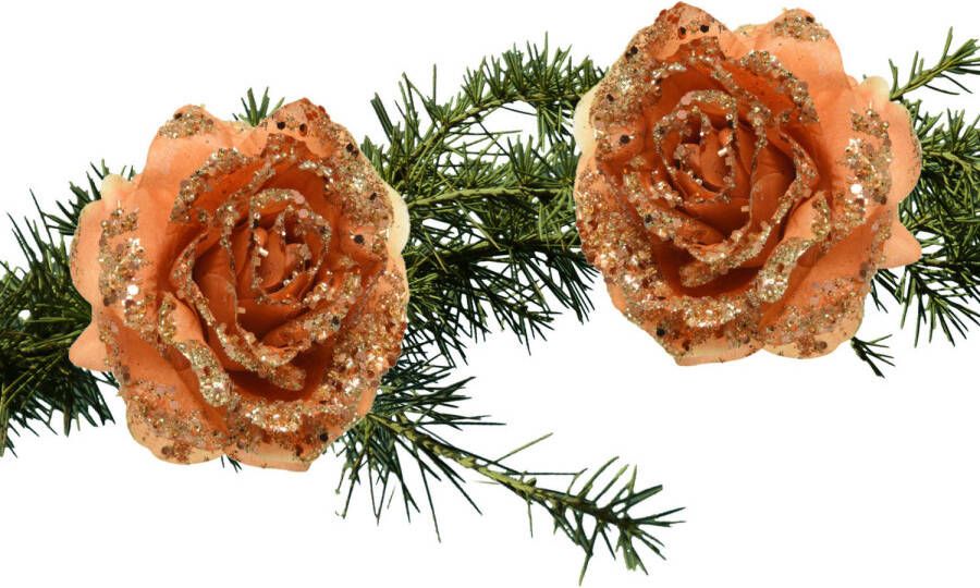 Decoris 2x stuks kerstboom bloemen terra bruin glitter op clip 14 cm Kersthangers