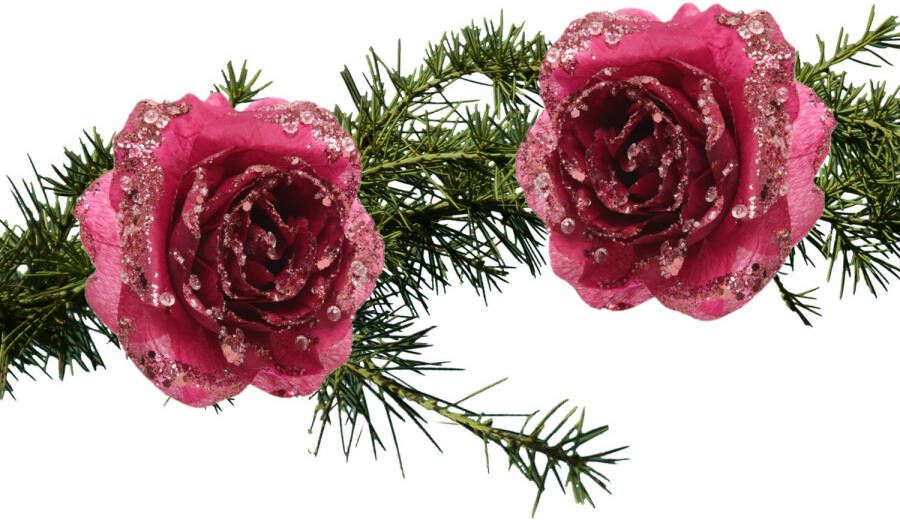 Decoris 2x stuks kerstboom decoratie bloemen framboos roze glitter op clip 14 cm Kersthangers