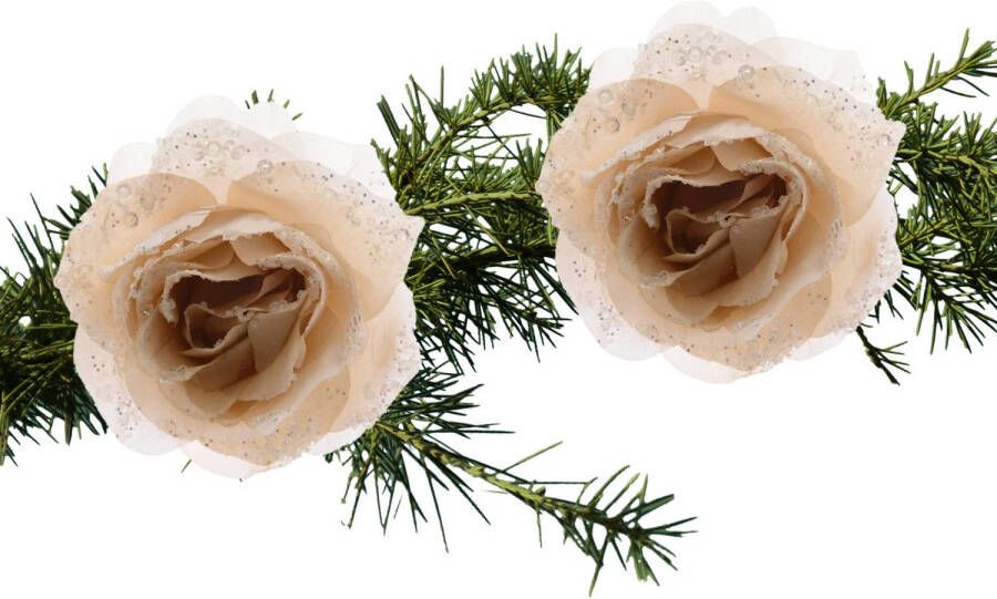 Decoris 2x stuks kerstboom decoratie bloemen op clip roos creme 14 cm Kersthangers