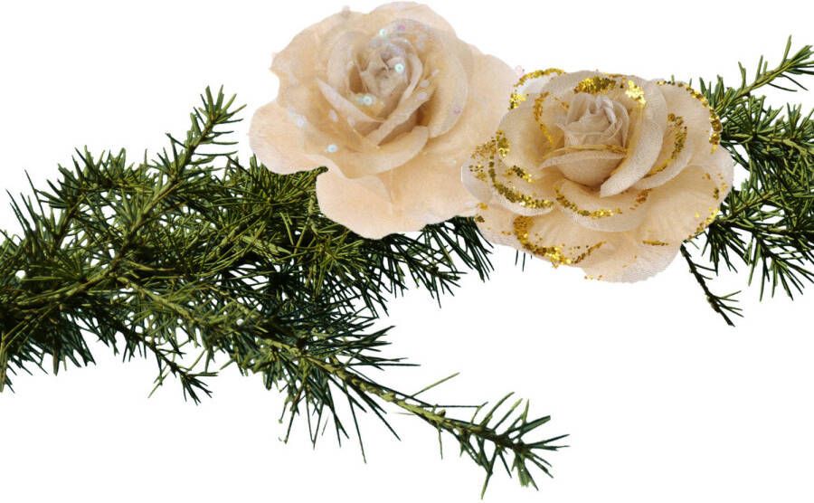 Merkloos 2x stuks kerstboom decoratie bloemen rozen goud op clip 9 cm Kersthangers