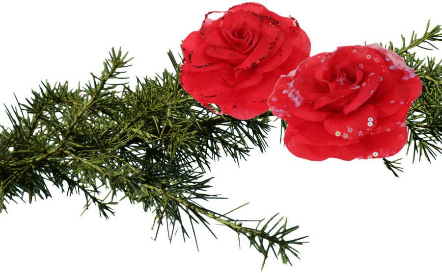 Merkloos 2x stuks kerstboom decoratie bloemen rozen rood op clip 9 cm Kersthangers