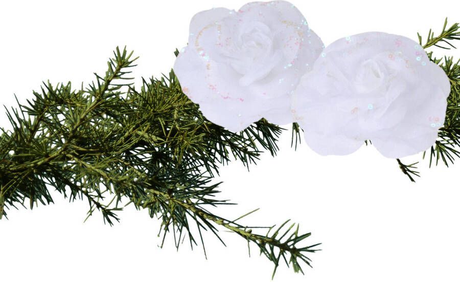 Merkloos 2x stuks kerstboom decoratie bloemen rozen wit op clip 9 cm Kersthangers