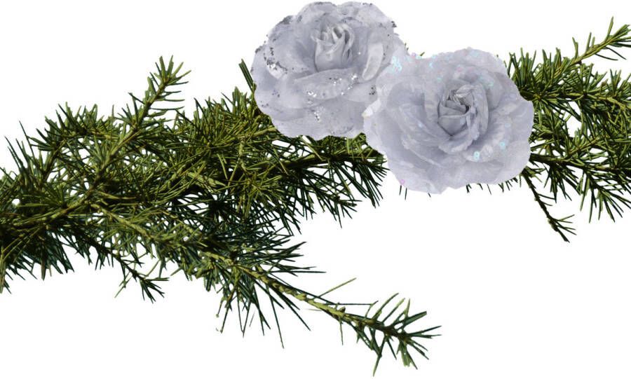 Merkloos 2x stuks kerstboom decoratie bloemen rozen zilver op clip 9 cm Kersthangers
