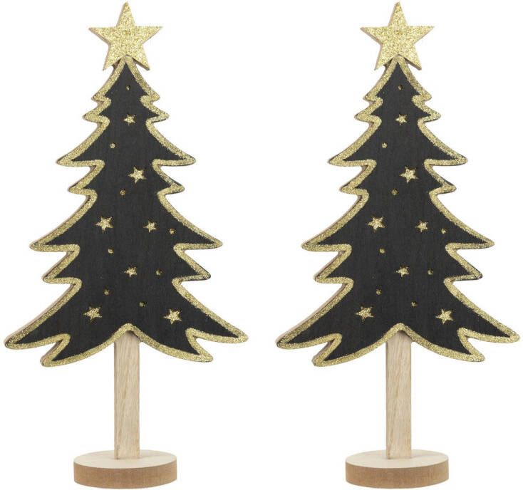 Merkloos 2x stuks kerstdecoratie houten decoratie kerstboom zwart met gouden sterren B18 x H36 cm Kunstkerstboom