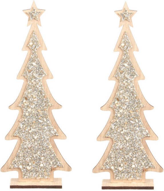 Merkloos 2x stuks kerstdecoratie houten kerstboom glitter zilver 35 5 cm decoratie kerstbomen Kunstkerstboom