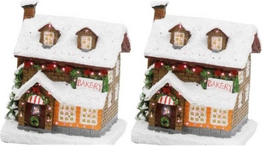 Merkloos 2x stuks kerstdorp kersthuisjes bakkerijen met verlichting 9 x 11 x 12 5 cm Kerstdorpen