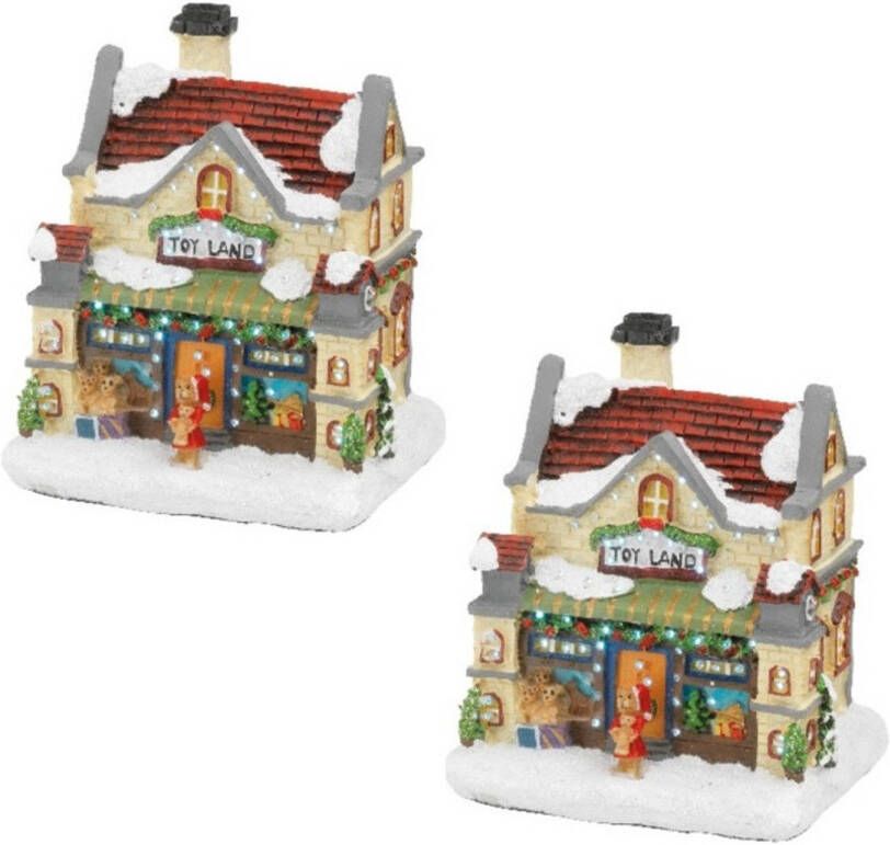 Merkloos 2x stuks kerstdorp kersthuisjes speelgoedwinkels met verlichting 9 x 11 x 12 5 cm Kerstdorpen