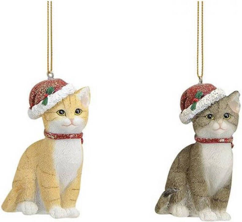 Merkloos 2x Stuks kersthangers katten poezen met kerstmuts 9 cm kerstversiering Kersthangers