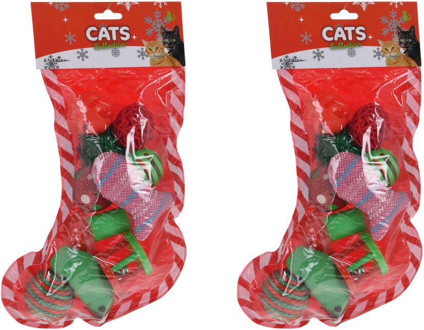 Merkloos 2x stuks kerstcadeau voor katten poezen kerstsok met speeltjes Kerstsokken