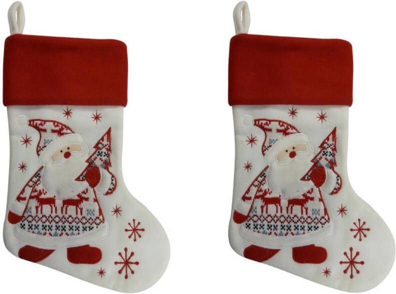 Merkloos 2x stuks kerstsok wit rood pluche 45 cm kerstversiering kerstdecoratie Kerstsokken