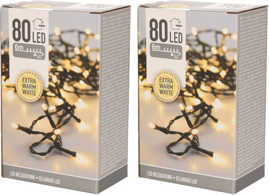 Merkloos 2x stuks kerstverlichting extra warm wit buiten 80 lampjes Kerstlampjes kerstlichtjes Kerstverlichting kerstboom