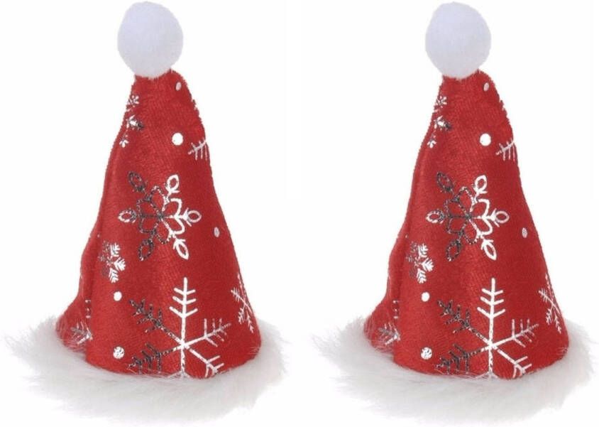 Merkloos 2x stuks kleine kerstmutsjes met sneeuwvlokken op clip Kerstmutsen