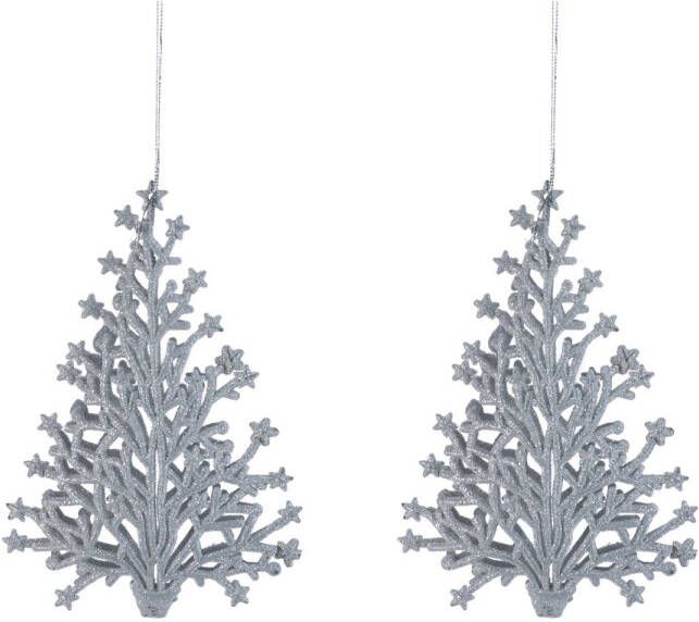 Merkloos 2x stuks kunststof kersthangers kerstboom zilver glitter 15 cm kerstornamenten Kersthangers