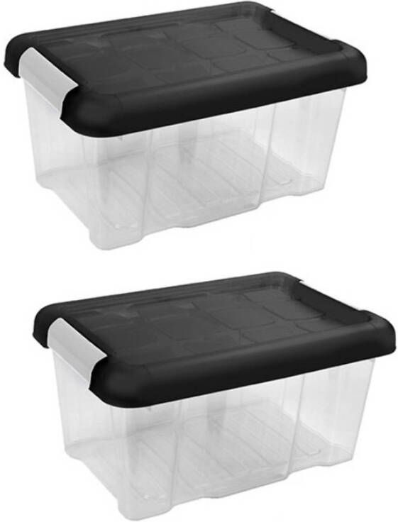 Hega Hogar 2x Stuks opberg boxen opbergdozen 5 liter 30 x 20 x 14 cm gerecycled kunststof Opslagboxen Opbergbakken kunststof transparant zwart Opbergbox
