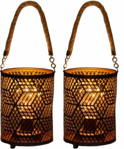 Merkloos 2x stuks LED sfeer lantaarns lampen zwart goud met timer B12 x H16 cm Woondecoratie kerstversiering sfeerverlichting Lantaarns
