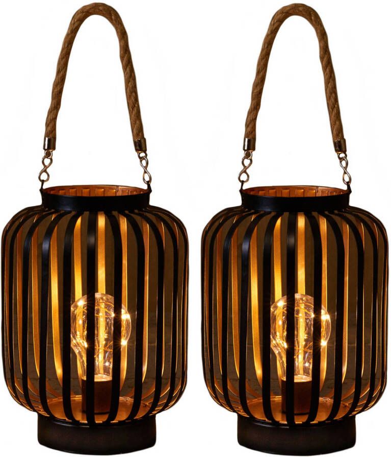 Merkloos 2x stuks led sfeer lantaarns lampen zwart goud met timer B16 x H22 cm Woondecoratie kerstversiering sfeerverlichting Lantaarns