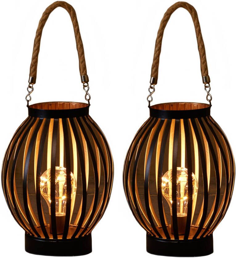 Merkloos 2x stuks led sfeer lantaarns lampen zwart goud rond met timer B16 x H22 cm Woondecoratie kerstversiering sfeerverlichting Lantaarns