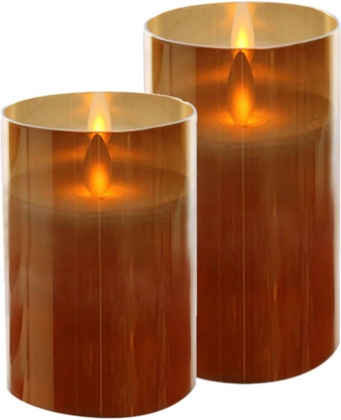 Merkloos 2x stuks luxe led kaarsen stompkaarsen in gouden glas H10 cm en H12 5 cm flakkerend LED kaarsen