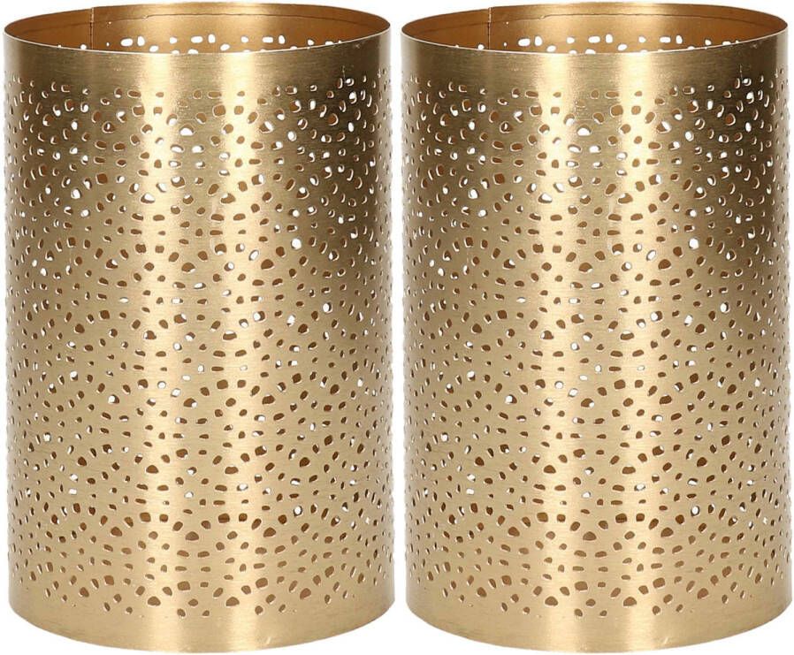 Merkloos 2x stuks metalen theelichthouders windlichtjes goud type 2 D10 x H15 cm Windlichten