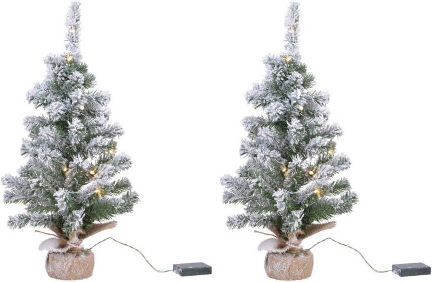 Merkloos 2x stuks mini kunstbomen kunst kerstbomen met sneeuw en licht 45 cm Kunstkerstboom