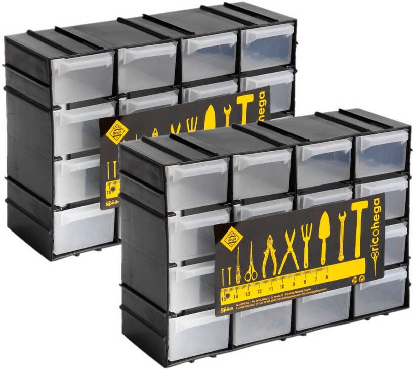 Hega Hogar 2x stuks ophangbare gereedschap assortimentsdozen sorteerdozen 16-lades 22 x 8 x 15 cm Gereedschap opbergbox
