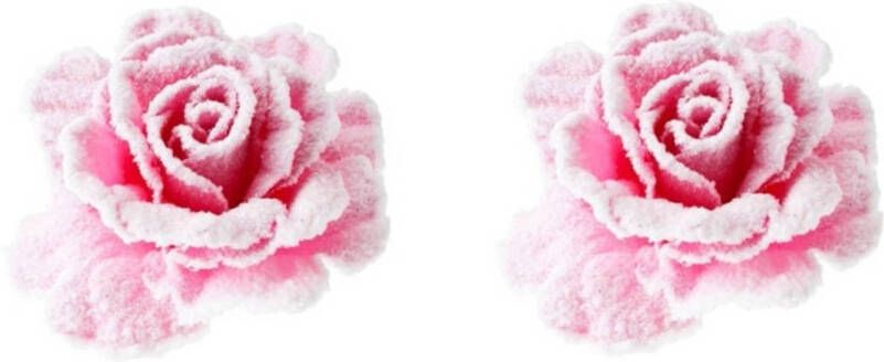 Merkloos 2x stuks pastel roze rozen met sneeuw op clip 10 cm kerstversiering Kersthangers