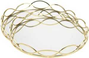 Merkloos 2x stuks ronde kaarsenborden kaarsen plateaus goud met spiegelbodem D31 cm Kaarsenplateaus