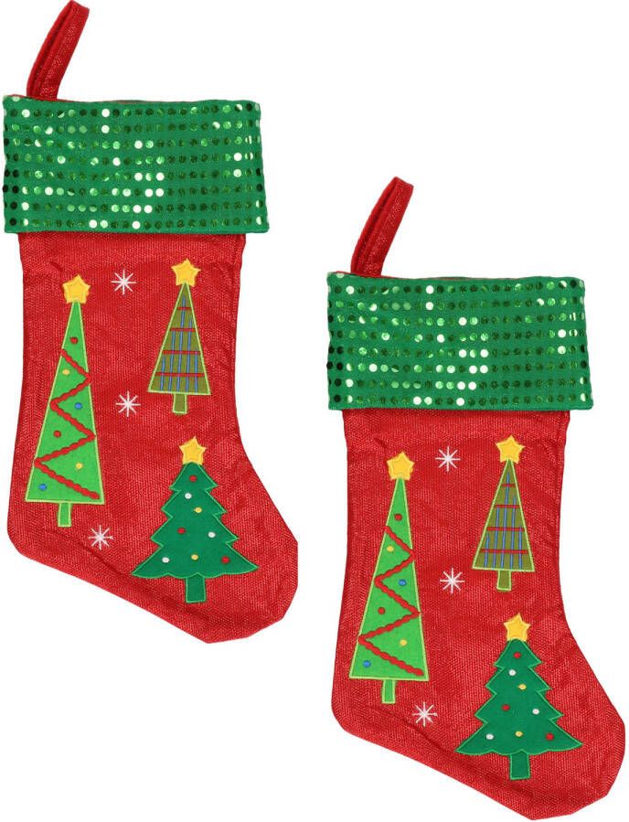 Merkloos 2x stuks kerstversiering kerstsokken rood met groene pailletten 45 cm Kerstsokken