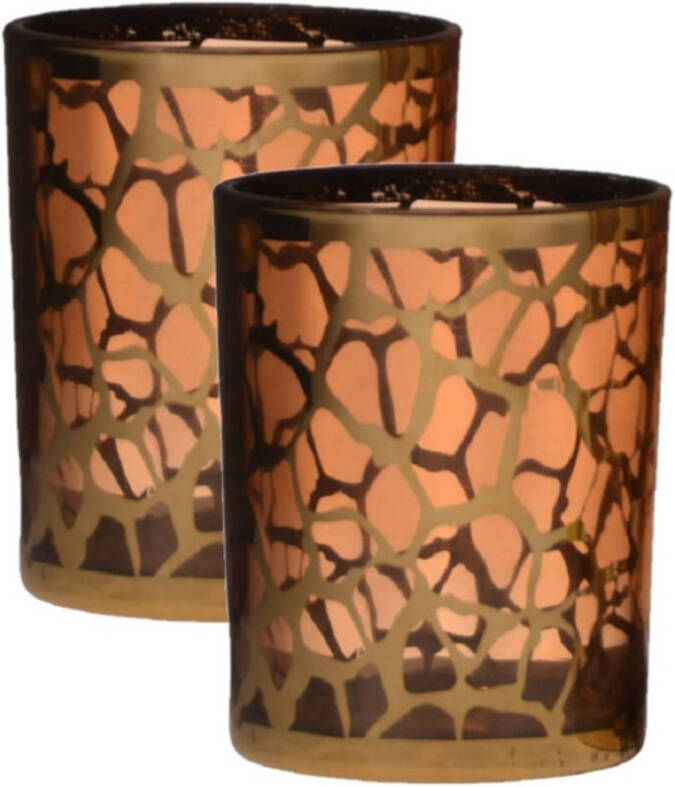 Merkloos 2x stuks theelichthouders waxinelichthouders giraffe print glas goud 12.5 x 10 cm Waxinelichtjeshouders