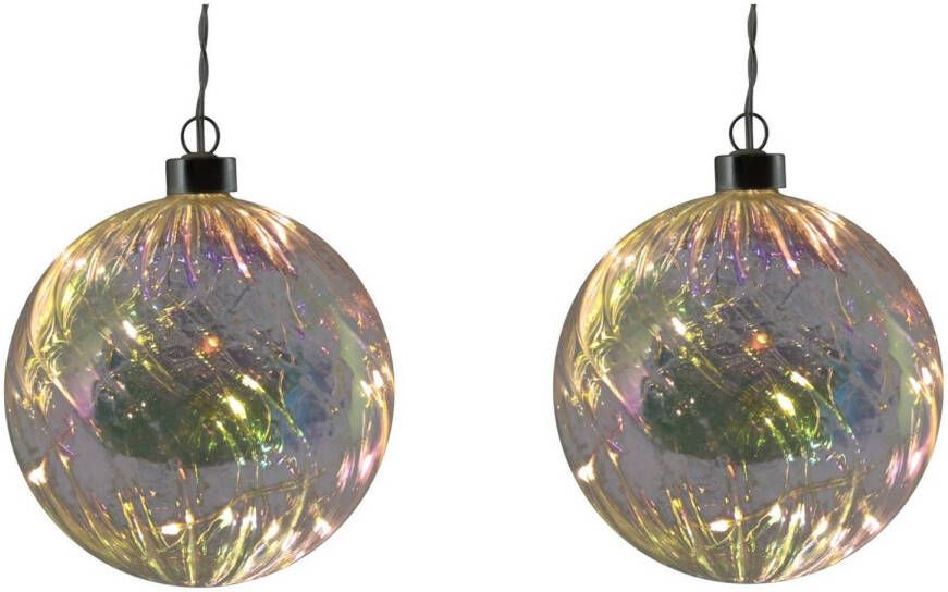 Merkloos 2x stuks verlichte glazen kerstballen met 10 lampjes transparant parelmoer 12 cm kerstverlichting figuur