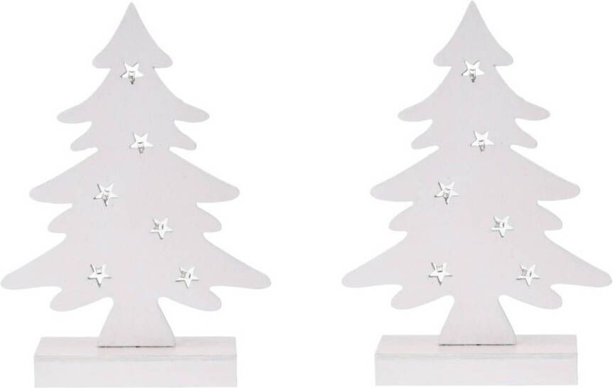 Merkloos 2x stuks wit houten kerstboompjes decoraties 28 cm met Led verlichting Houten kerstbomen