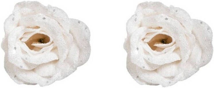 Merkloos 2x stuks witte rozen met glitters op clip 7 cm kerstversiering Kersthangers