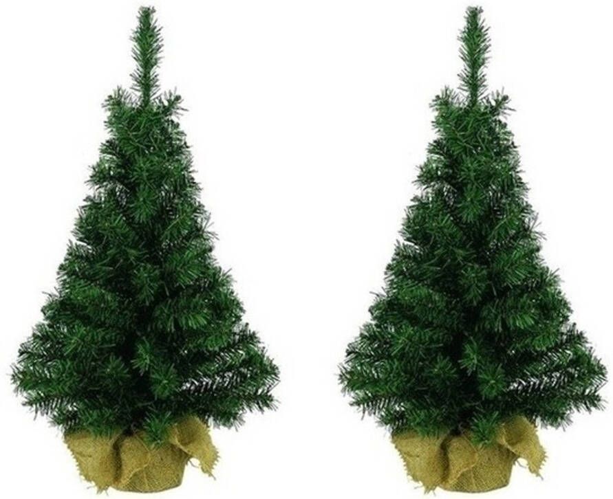 Merkloos 2x Volle kerstbomen groen in jute zak 45 cm Kunstkerstboom