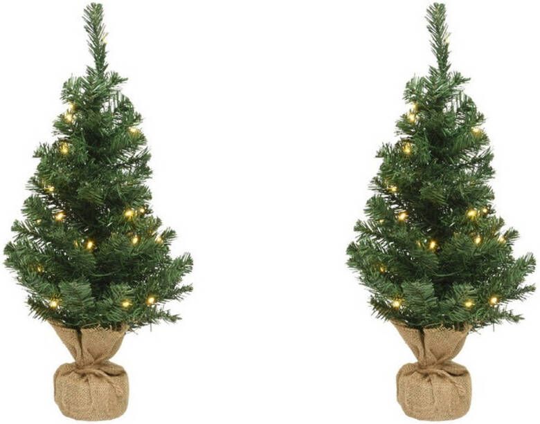 Merkloos 2x Volle mini kerstbomen groen in jute zak met verlichting 45 cm Kunstkerstboom