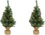 Merkloos 2x Volle mini kerstbomen groen in jute zak met verlichting 45 cm Kunstkerstboom - Thumbnail 1