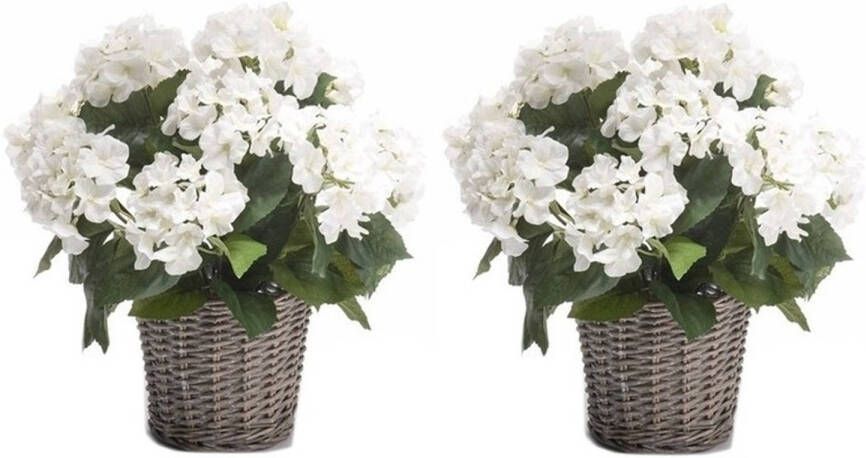 Merkloos 2x Kunstplant witte Hortensia in mand 45 cm Kunstplanten nepplanten Kunstplanten