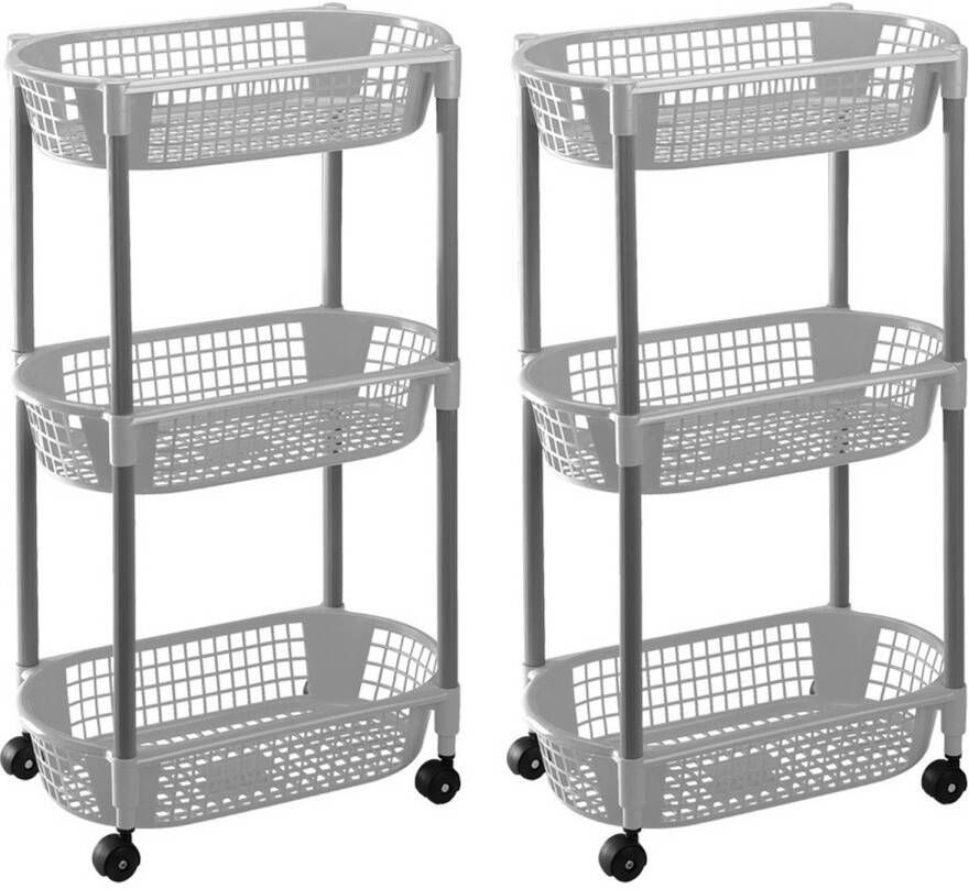 Merkloos 2x Grijze opberg trolleys roltafels met 3 manden 71 cm Etagewagentje karretje met opbergkratten Opbergmanden