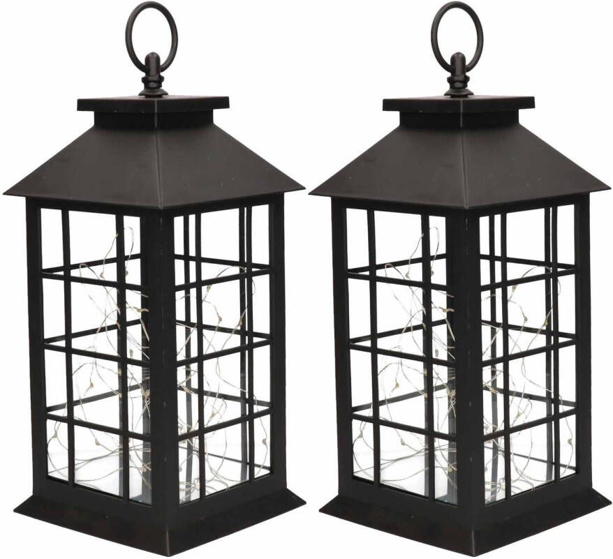 Merkloos 2x Zwarte decoratie lantaarns met LED lampjes 31 cm Lantaarns