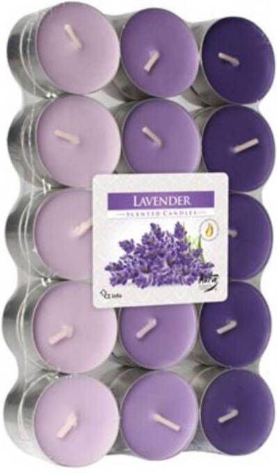 Merkloos 30x stuks Waxinelichtjes theelichten lavendel geurkaarsen 4 branduren Woon accessoires kaarsen geurkaarsen