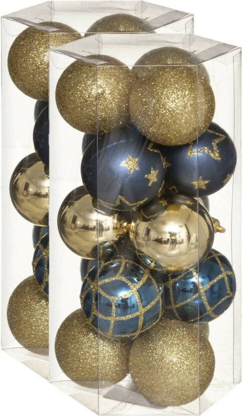 Merkloos 30x stuks kerstballen mix goud blauw gedecoreerd kunststof 5 cm Kerstbal
