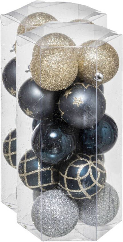 Merkloos 30x stuks kerstballen mix goud blauw zilver gedecoreerd kunststof 5 cm Kerstbal