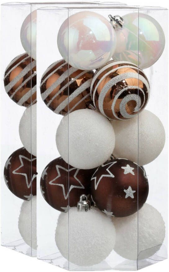 Merkloos 30x stuks kerstballen mix wit bruin gedecoreerd kunststof 5 cm Kerstbal