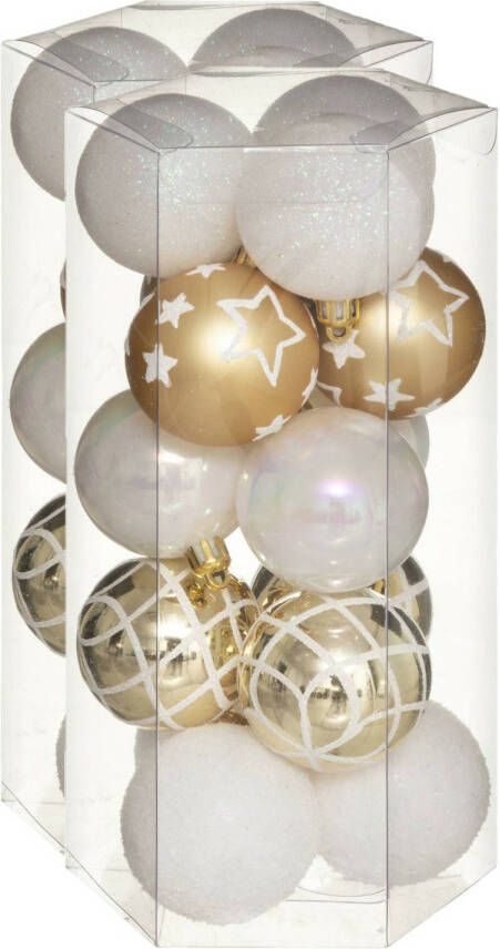 Merkloos 30x stuks kerstballen mix wit goud gedecoreerd kunststof 5 cm Kerstbal
