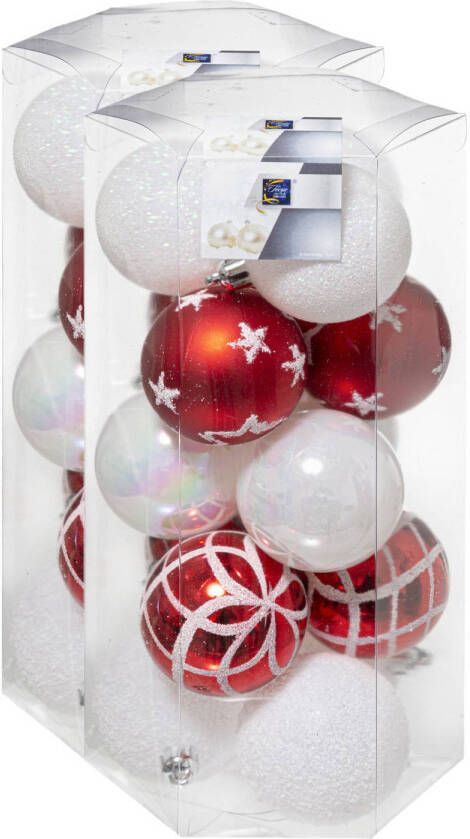 Merkloos 30x stuks kerstballen mix wit rood gedecoreerd kunststof 5 cm Kerstbal