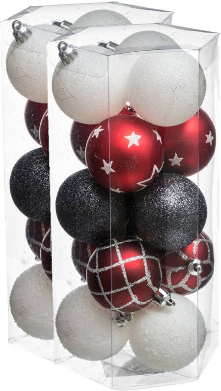 Merkloos 30x stuks kerstballen mix wit rood groen gedecoreerd kunststof 5 cm Kerstbal