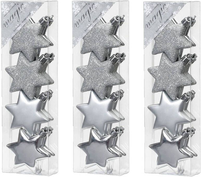 Merkloos 32x stuks kunststof kersthangers sterren zilver 6 cm kerstornamenten Kersthangers
