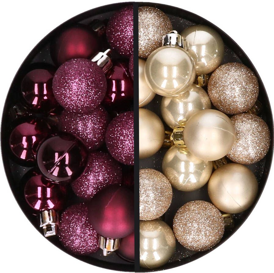 Merkloos 34x stuks kunststof kerstballen aubergine paars en champagne 3 cm Kerstbal
