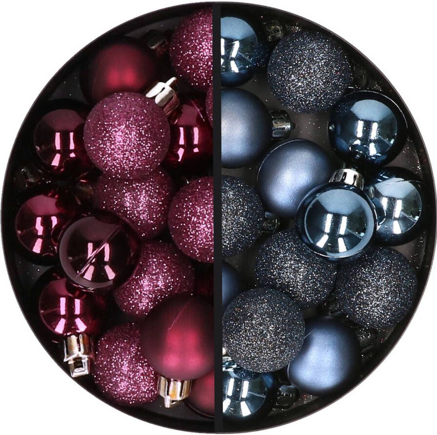 Merkloos 34x stuks kunststof kerstballen aubergine paars en donkerblauw 3 cm Kerstbal