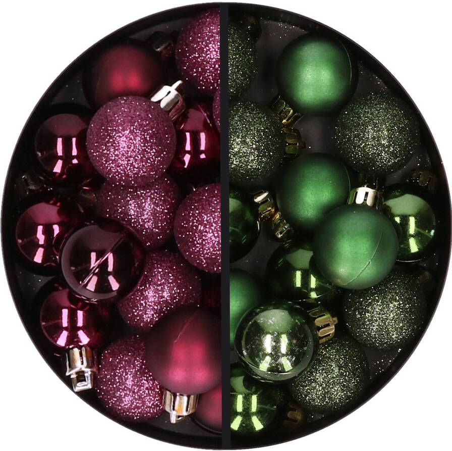 Merkloos 34x stuks kunststof kerstballen aubergine paars en donkergroen 3 cm Kerstbal