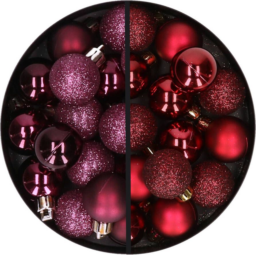Merkloos 34x stuks kunststof kerstballen aubergine paars en donkerrood 3 cm Kerstbal